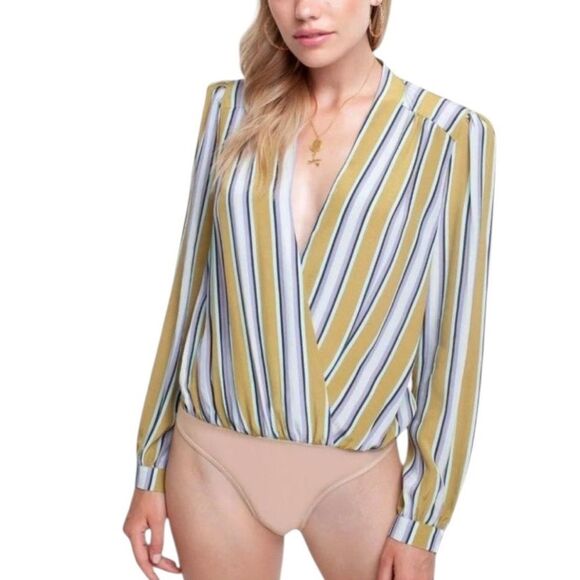 Astr The Label Quinn Bodysuit Wrap Blouse Stripe Gold Purple L pm - Picture 2 of 11
